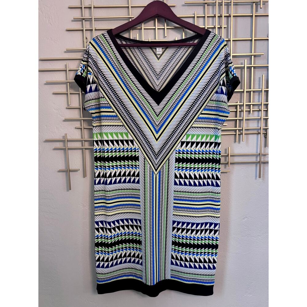 London Times Geometric Print V-Neck Shift Dress Size 6